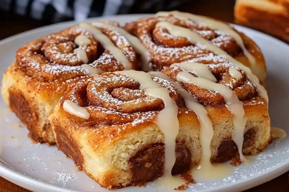 A close-up of four golden-brown cinnamon rolls on a white plate