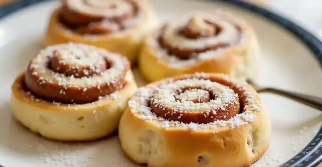 Freshly baked sourdough cinnamon rolls with cream cheese frosting