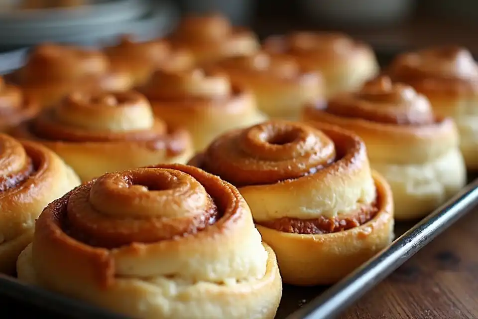 Freshly baked sourdough cinnamon rolls with golden-brown tops and visible swirls of cinnamon filling, arranged on a baking tray