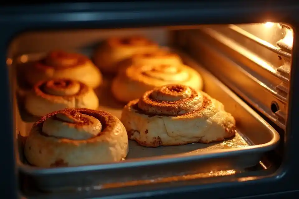  Freshly baked rolls in an oven