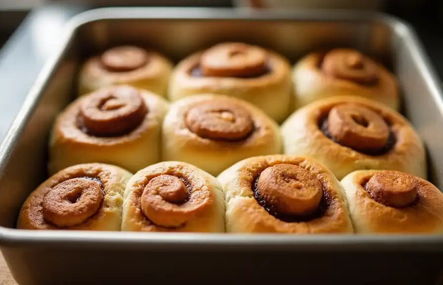 Freshly baked cinnamon rolls nestled snugly in a metal baking tray, each roll perfectly browned and swirled with a rich cinnamon filling, exuding a warm, inviting aroma.

