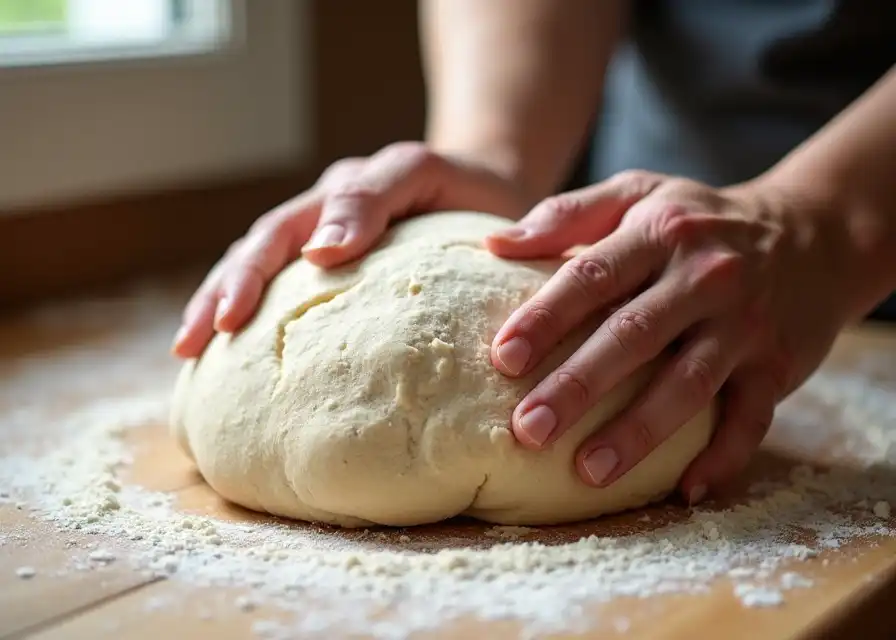 Dough being kneaded by hand