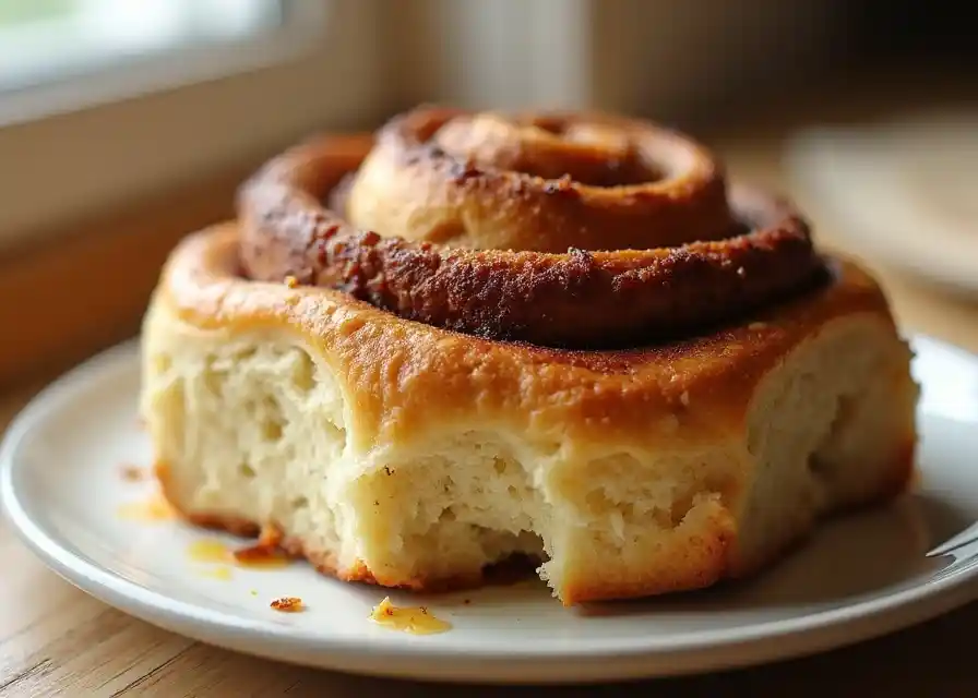  Dense cinnamon rolls on a plate.