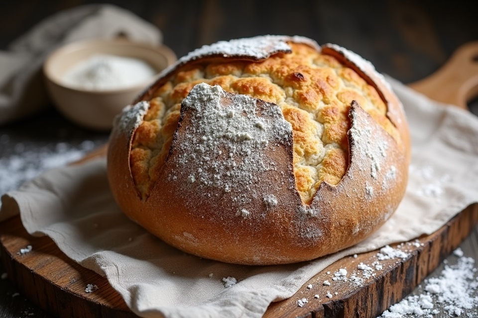 Freshly baked sourdough bread on a wooden cutting board