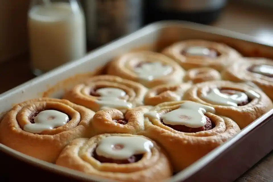 Cinnamon rolls with heavy whipping cream drizzled on top before baking."