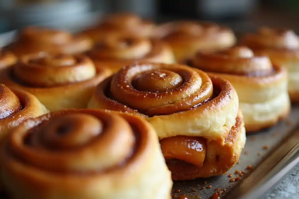 Glistening caramelized cinnamon rolls fresh out of the oven, showcased on a baking tray