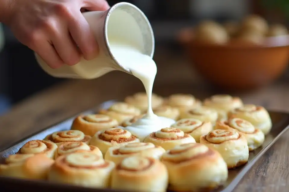 A hand pouring creamy vanilla frosting over freshly baked cinnamon rolls arranged on a rustic tray