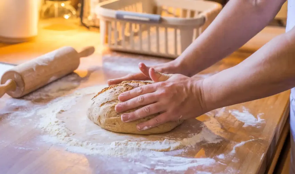  Hands kneading sourdough dough on a floured surface