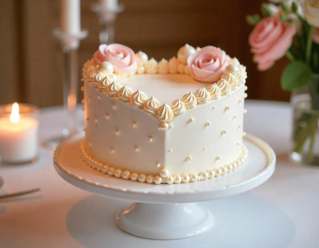 Finished heart cake with elegant decorations on a stand