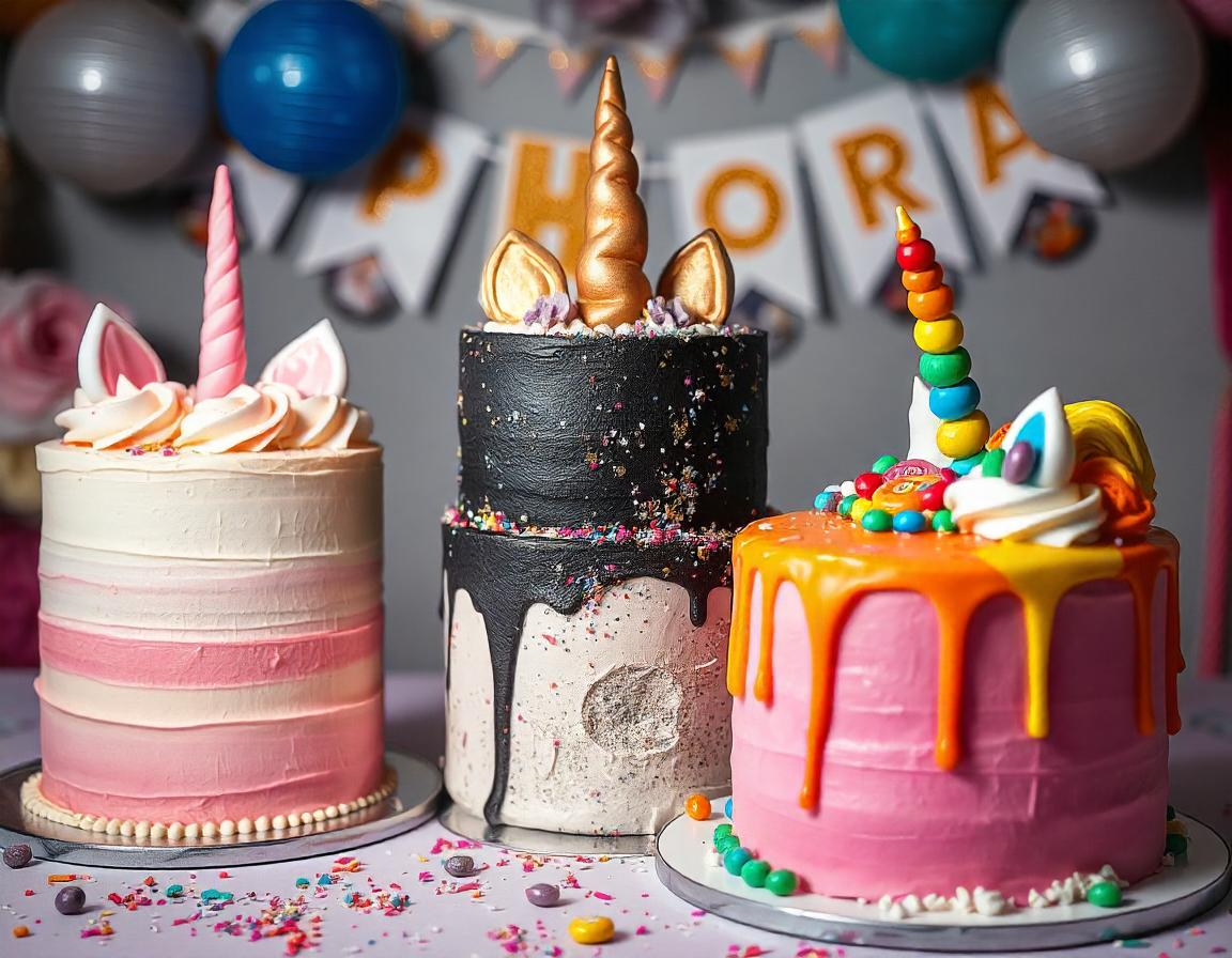 A variety of unicorn cakes showcasing creative designs and magical themes.