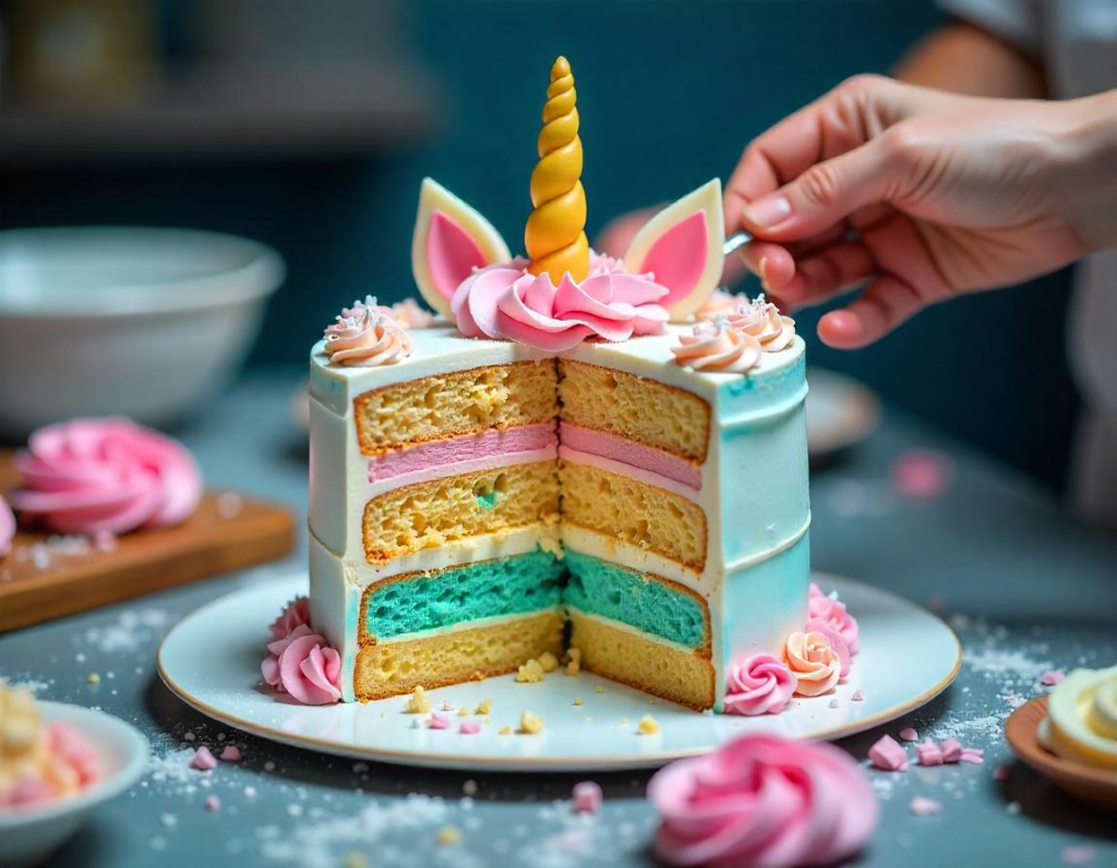 Layered unicorn cake being assembled with colorful ingredients in view.
