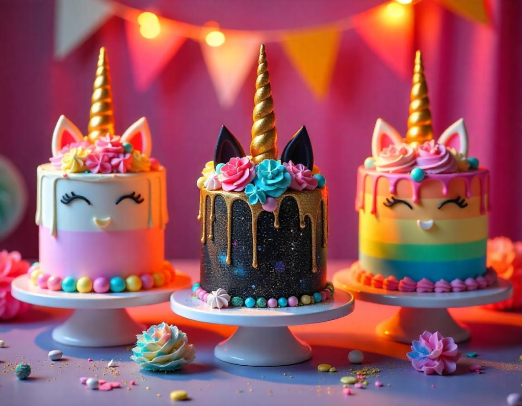 A variety of unicorn cakes showcasing creative designs and magical themes.
