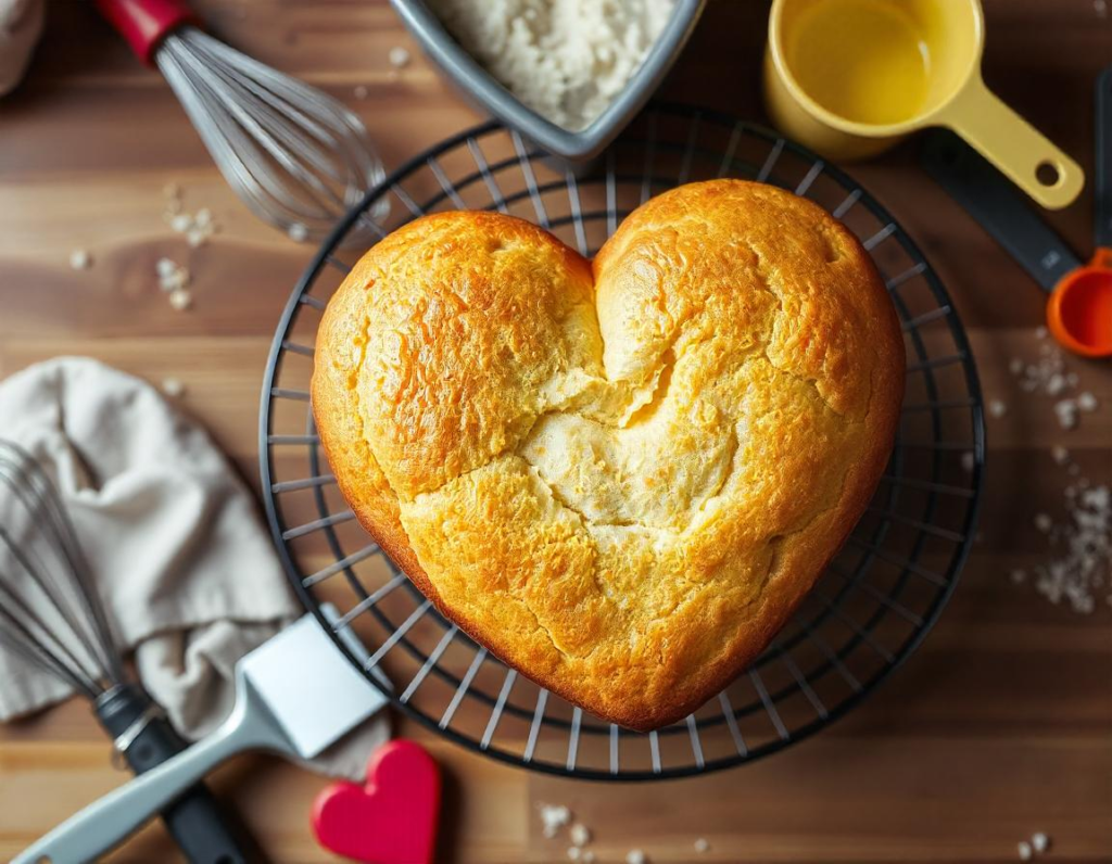 Freshly baked heart-shaped cake on a cooling rack