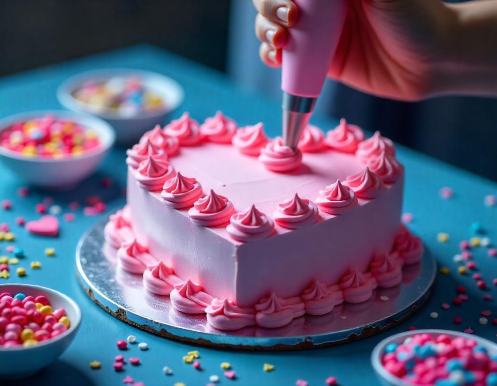 Decorating a heart-shaped cake with buttercream frosting