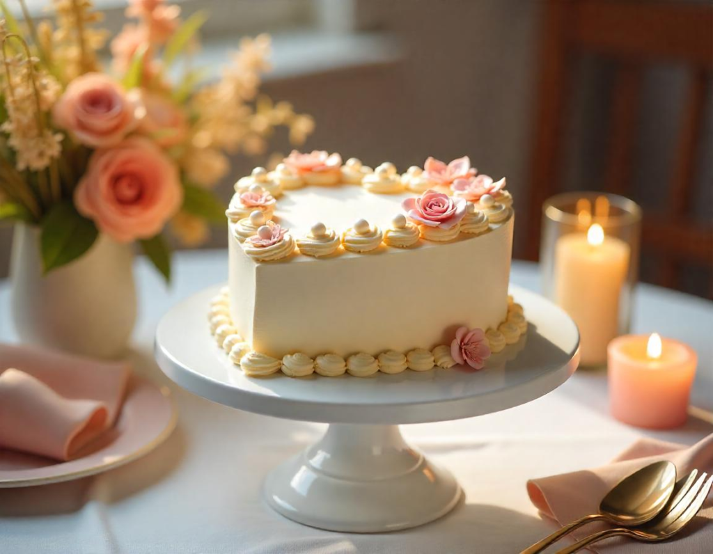 Finished heart cake with elegant decorations on a stand