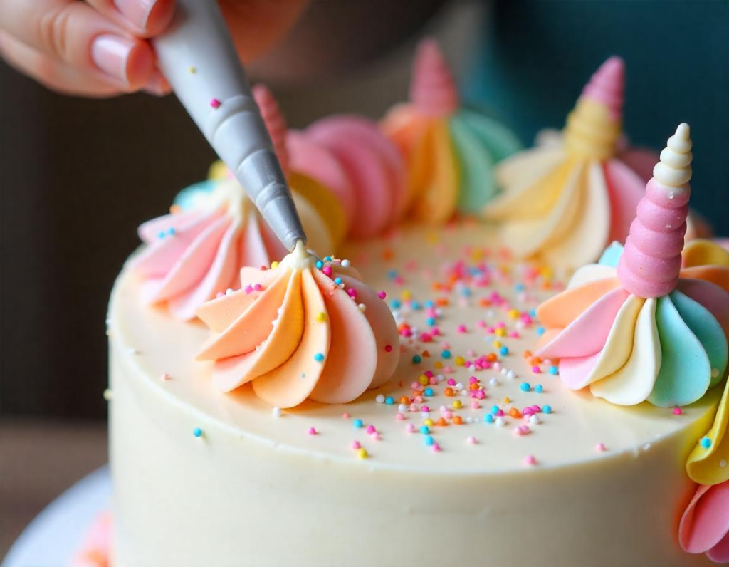 Close-up of a unicorn cake being decorated with rainbow buttercream and glitter.
