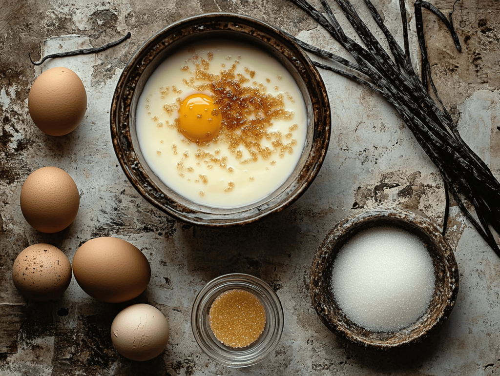 Ingredients for crème brûlée: cream, egg yolks, sugar, and vanilla pods.
