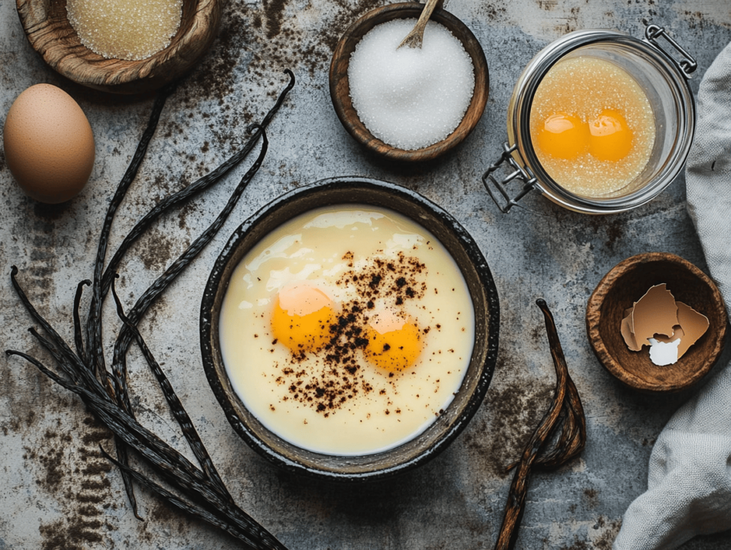 Ingredients for crème brûlée: cream, egg yolks, sugar, and vanilla.
