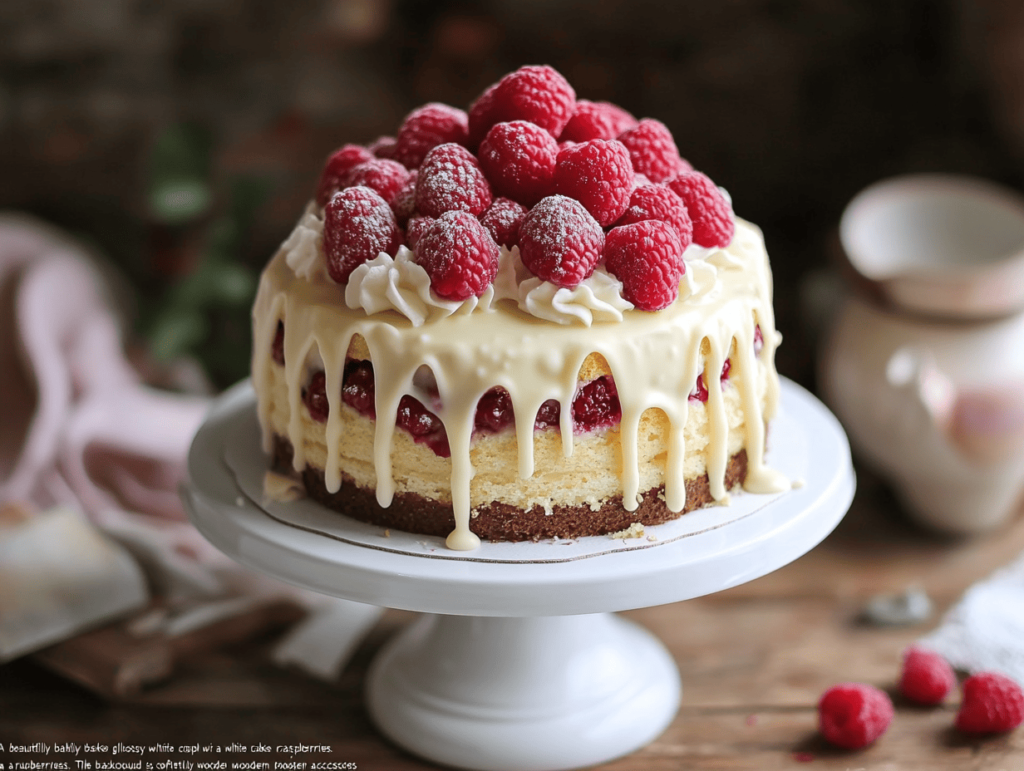 A white chocolate gluten-free yellow cake on a cake stand with white chocolate drizzle and fresh raspberries.