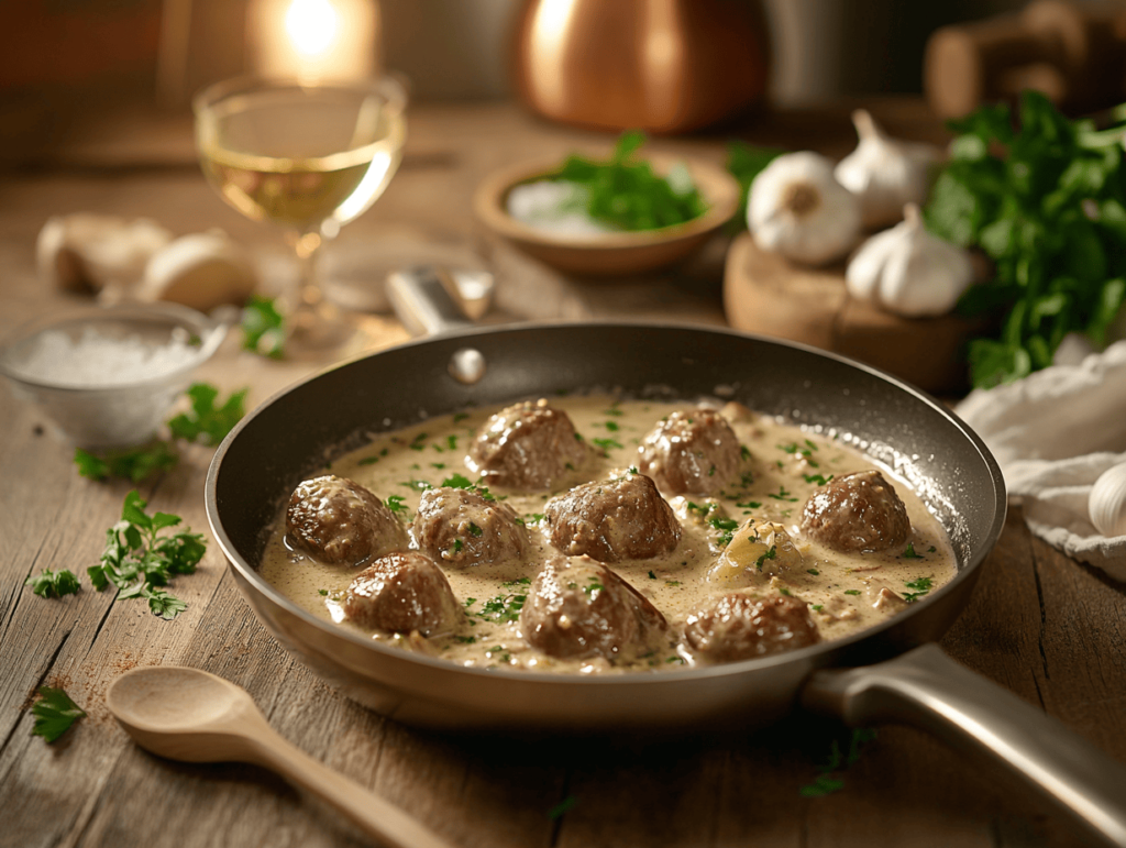 Cooking French Rognon in a skillet with creamy Dijon mustard sauce, surrounded by fresh parsley, garlic, onions, and wine on a rustic wooden counter.


