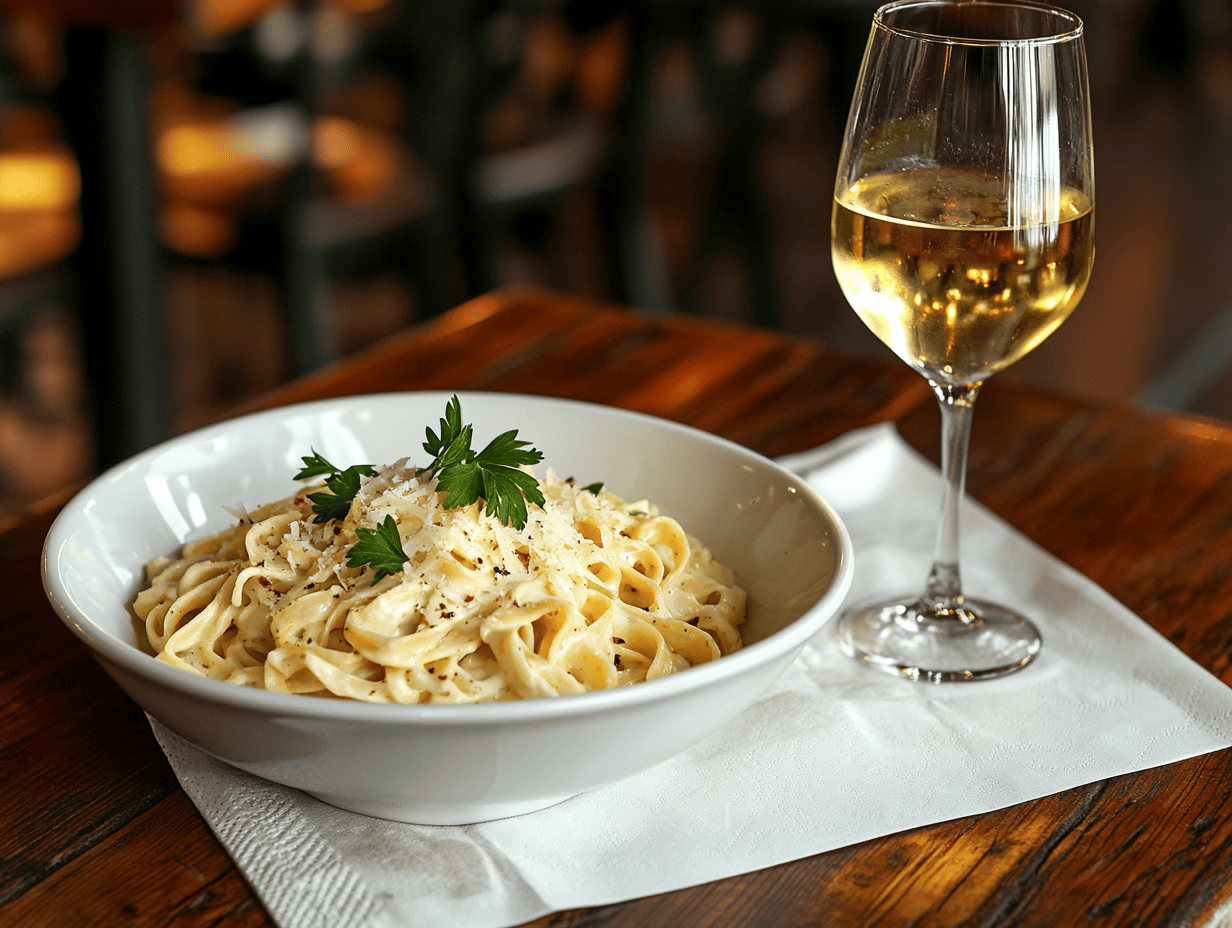 A beautifully plated dish of fettucini Alfredo with a creamy sauce and garnished with fresh parsley.