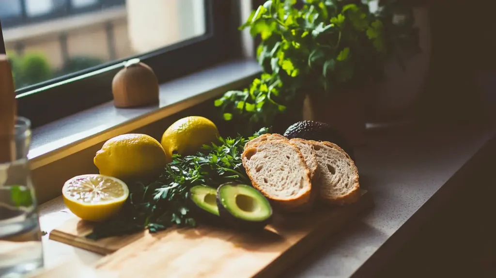  A beautifully plated French-style avocado toast on a wooden board