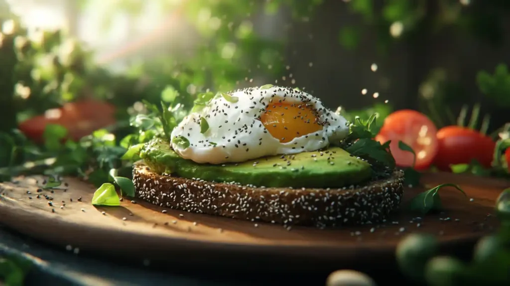 Avocado toast with egg on a wooden plate