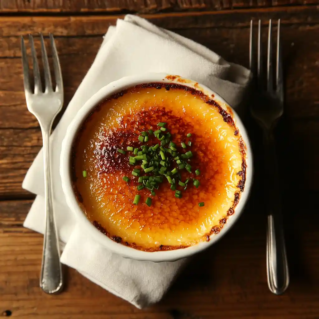 A gourmet serving of crab brulee with a caramelized topping and fresh chives in a ramekin.