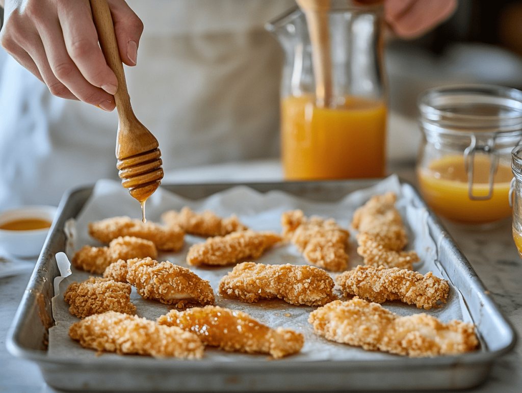 Step-by-step preparation of hot honey chicken tenders with coating and ingredients in view.