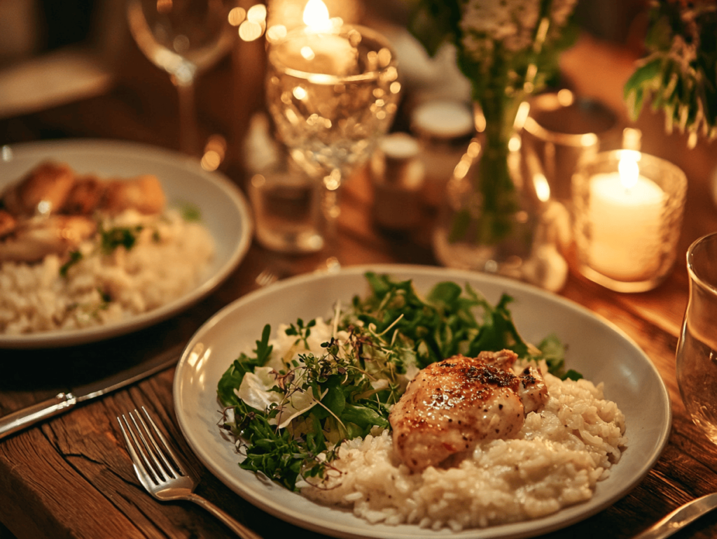 Dinner table with creamy chicken and rice and salad.