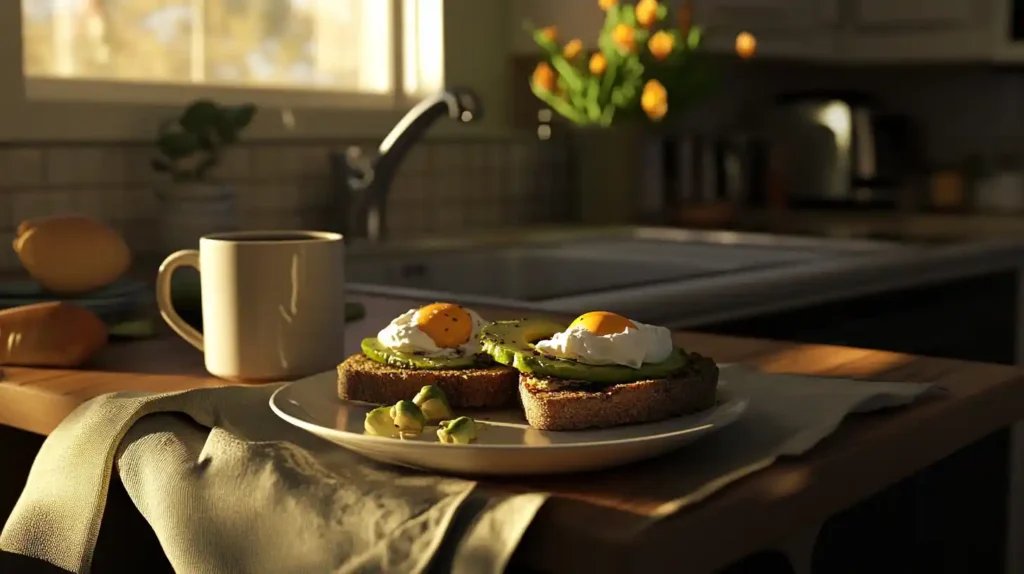 Avocado toast on a white plate with a cup of coffee