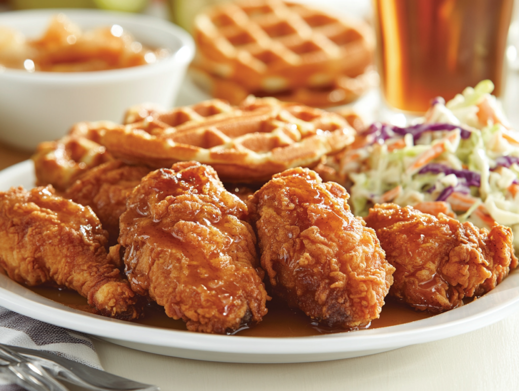 Fried chicken served with coleslaw and waffles
