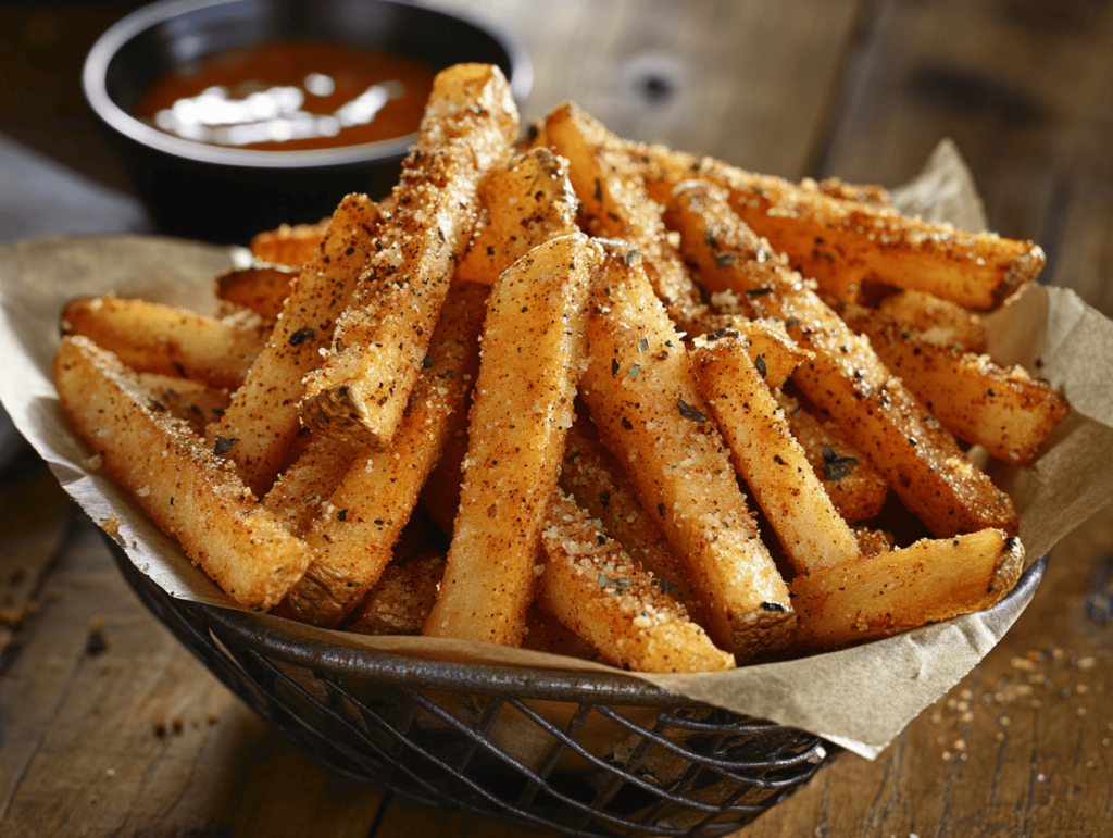 Crispy French fries seasoned with spices in a basket.