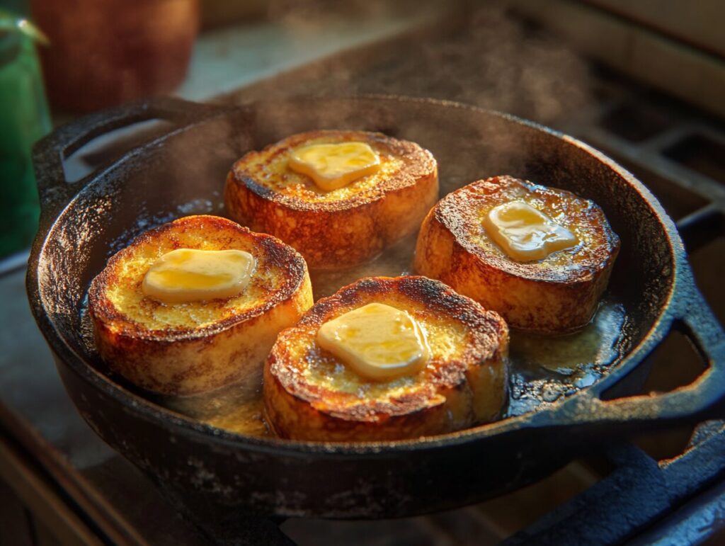 Reheated sourdough French toast in a skillet