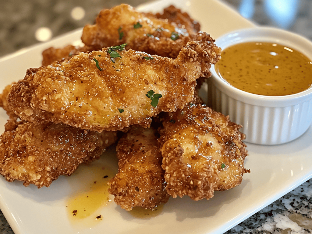 Homemade chicken tenders with a crispy coating.