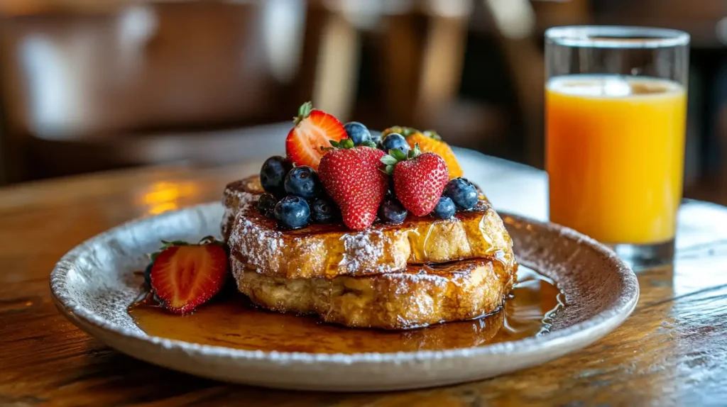 A plate of French toast topped with fresh strawberries, blueberries, and a generous drizzle of maple syrup