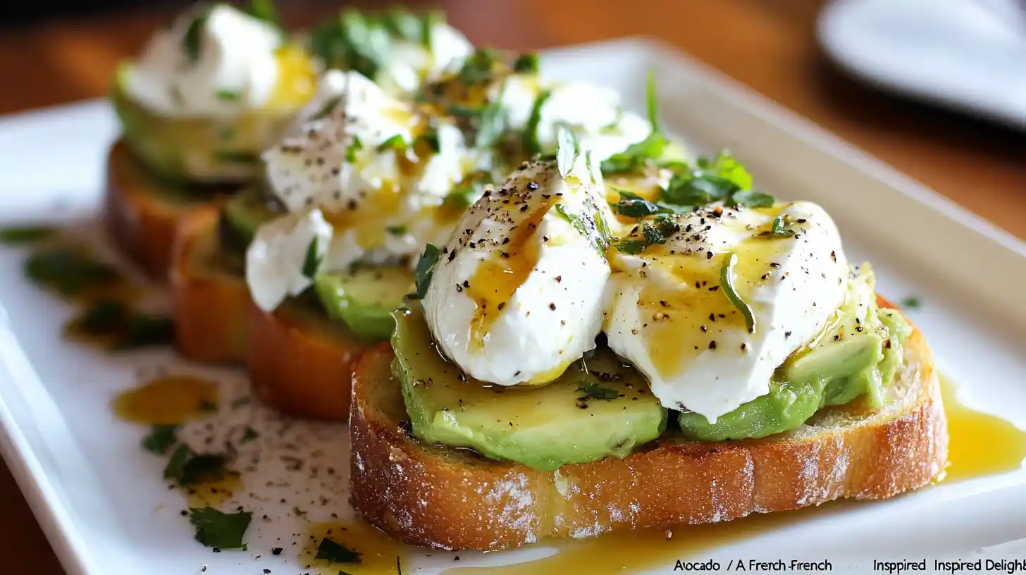 A gourmet presentation of avocado toast topped with poached eggs