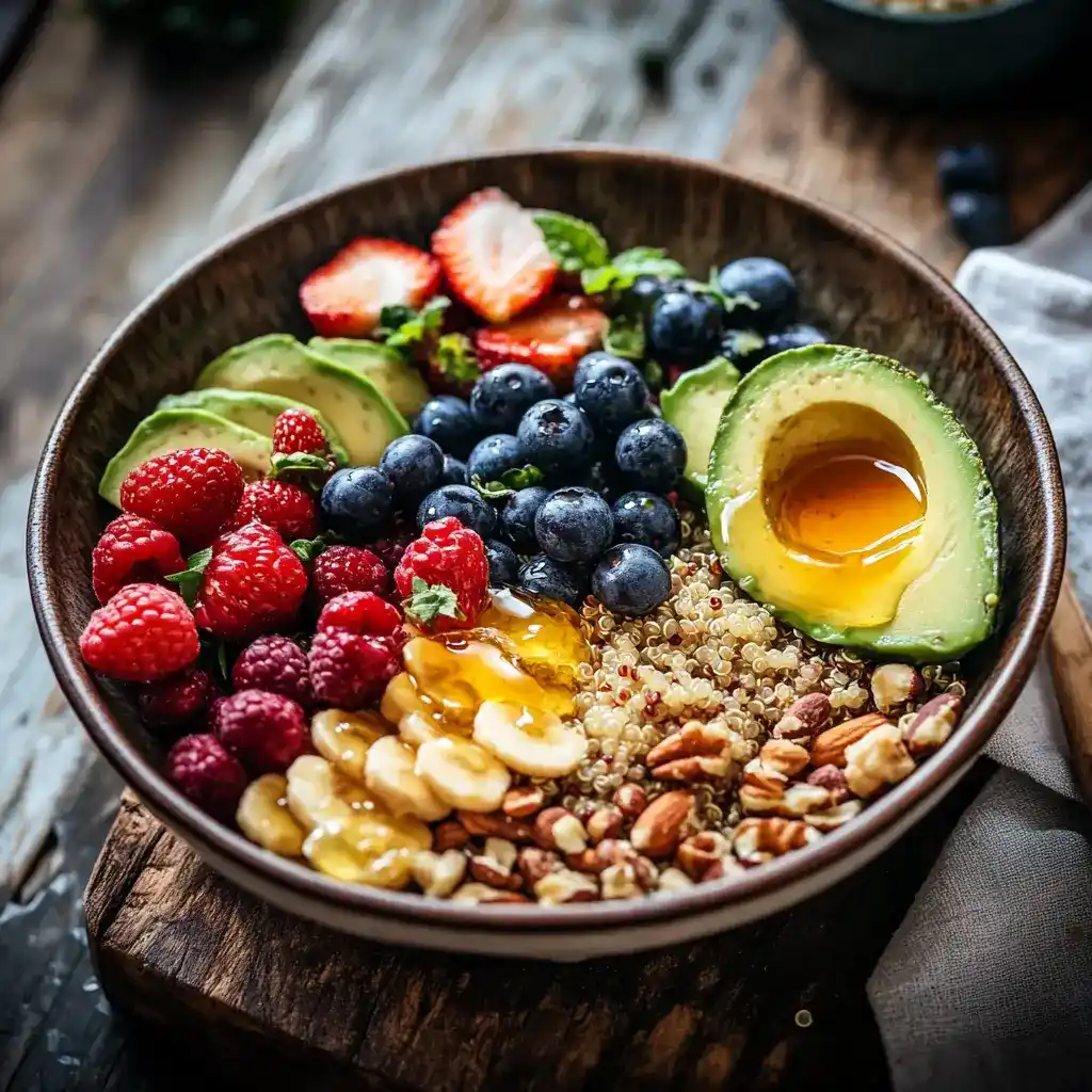 Vibrant Quinoa Breakfast Bowl with colorful toppings.