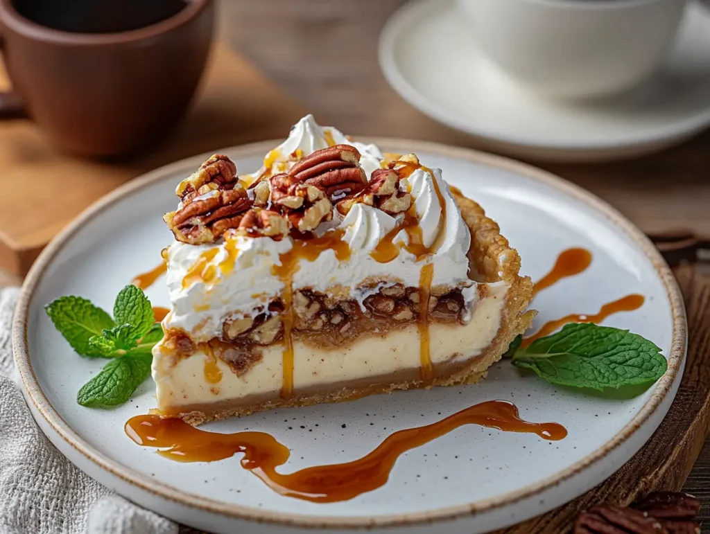 Slice of pecan cream pie with caramel drizzle and whipped cream.