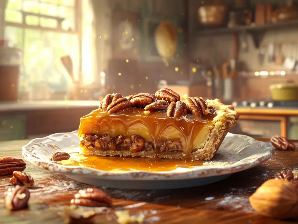 A beautifully styled Caramel Pecan Pie with caramel glaze and pecans