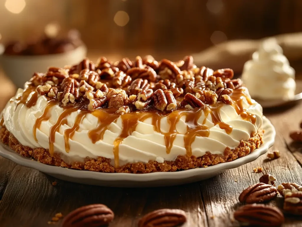 Southern pecan cream pie on a rustic table with caramel drizzle.