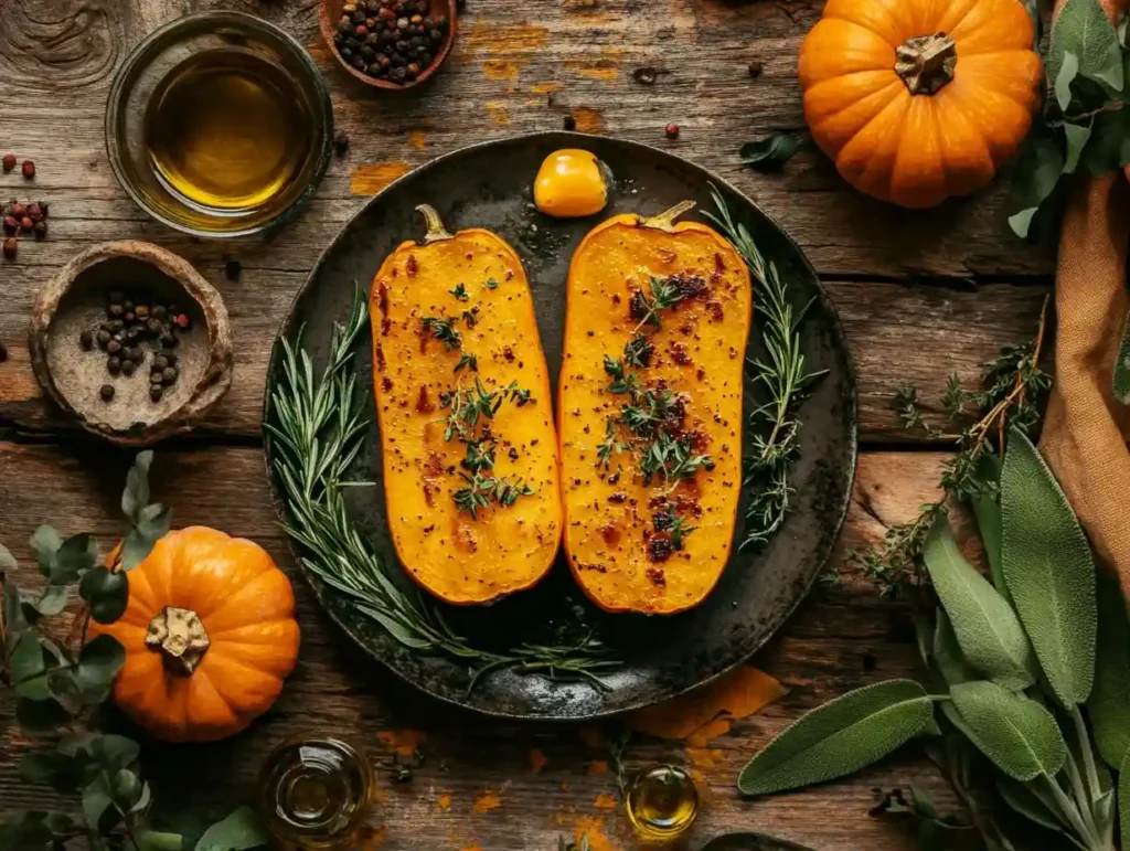 Roasted butternut squash surrounded by fresh herbs and spices on a rustic table.