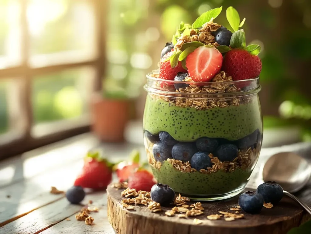 Matcha chia pudding with fruits and granola in a glass jar.