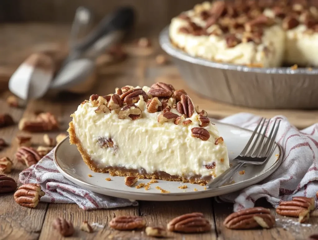 A whole pecan cream cheese pie with a slice served.