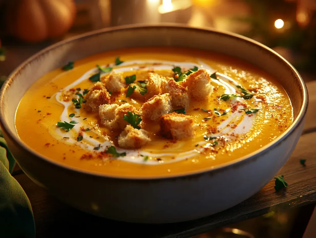 A bowl of creamy butternut squash soup garnished with cream and herbs