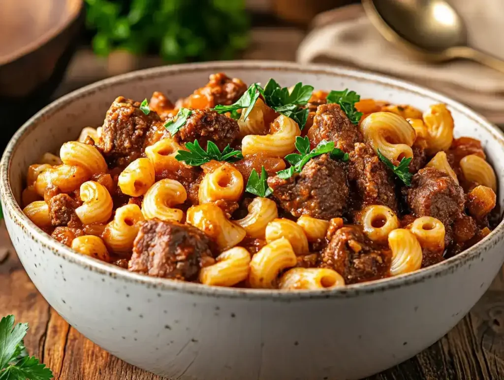 A bowl of old-fashioned goulash with beef, macaroni, and parsley garnish