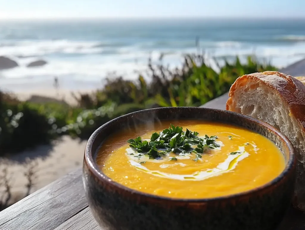 A steaming bowl of butternut squash soup garnished with cream and parsley.