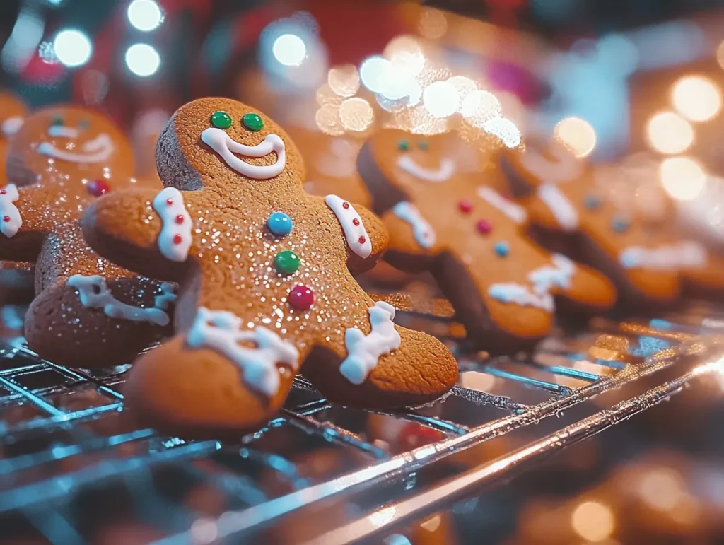 Decorated gingerbread man cookies on a cooling rack.
