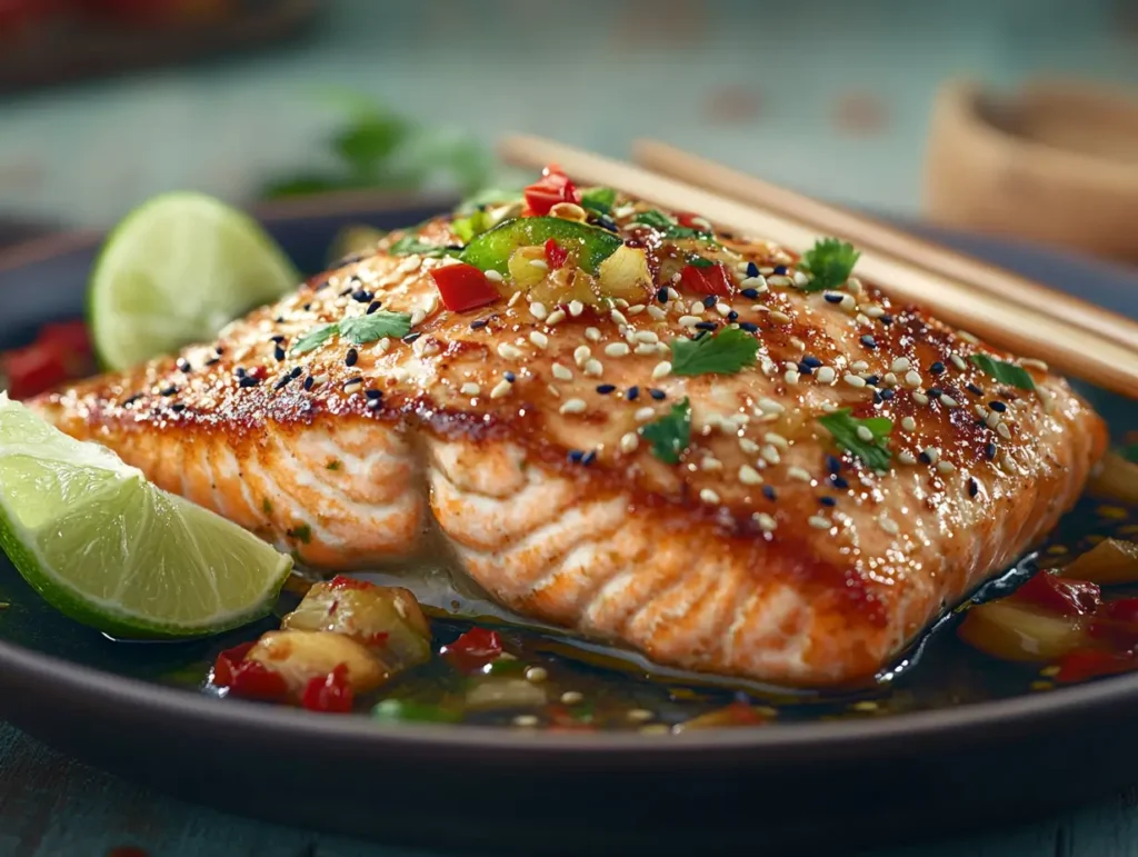 Perfectly cooked salmon Asian rub Recipe, garnished with lime and sesame seeds.