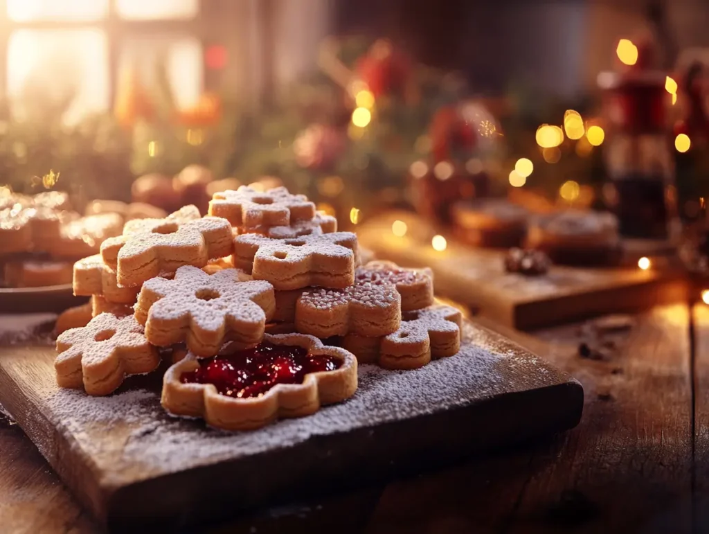 Gingerbread Linzer cookies on a rustic tray with powdered sugar.